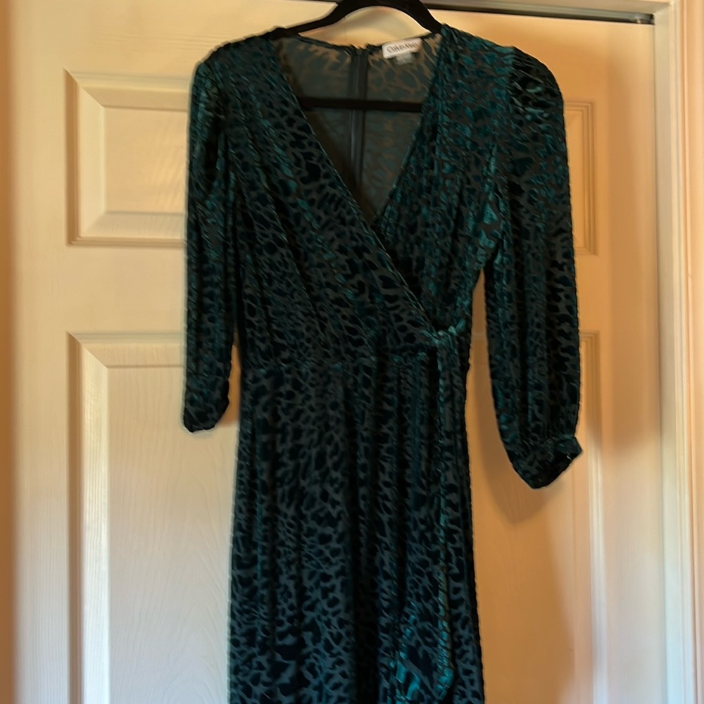 Calvin Klein Size 8 Green Velvet Wrap Dress
